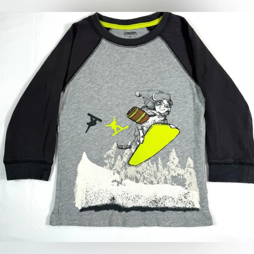 GYMBOREE Toddler Long Sleeve Raglan Graphic Tee 3T Snowboard Dog Winter Outdoor‎